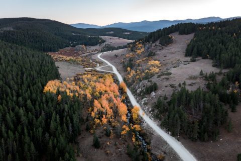 A winding road meanders through a mountainous landscape, flanked by patches of autumn-colored trees amidst evergreens.