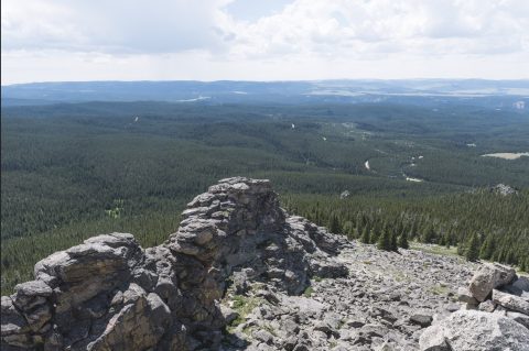 Expansive view from Black Mountain Lookout, featuring rocky outcrops and vast forest landscapes, a must-visit for hikes in Sheridan, WY.