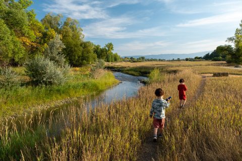 Two children exploring a scenic stream in Sheridan, Wyoming. A great family-friendly things to do nearby.