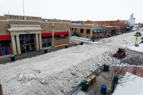 Snow-packed streets set up for skijoring in downtown Sheridan, WY, ready for an adrenaline-filled urban winter event.