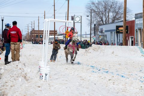 Skijoring action in Sheridan, WY, with a horse and rider racing down a snow-packed street, showcasing the town's unique winter sports.
