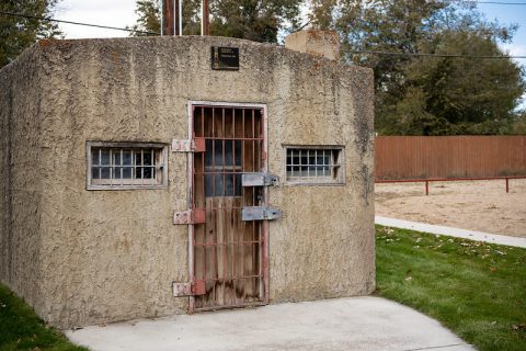 Abandoned jail building in Clearmont, Wyoming.